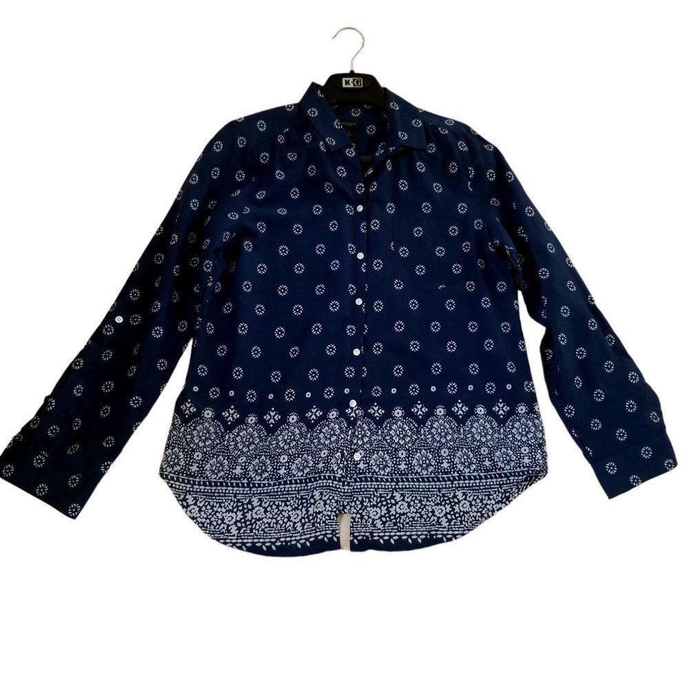 Ann Taylor Factory Top Size M Office Career Blue & White Long Sleeve Roll Tab